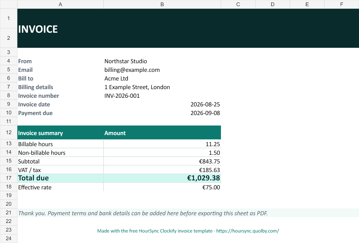Preview of the free HourSync Clockify invoice spreadsheet showing billable hours and total due
