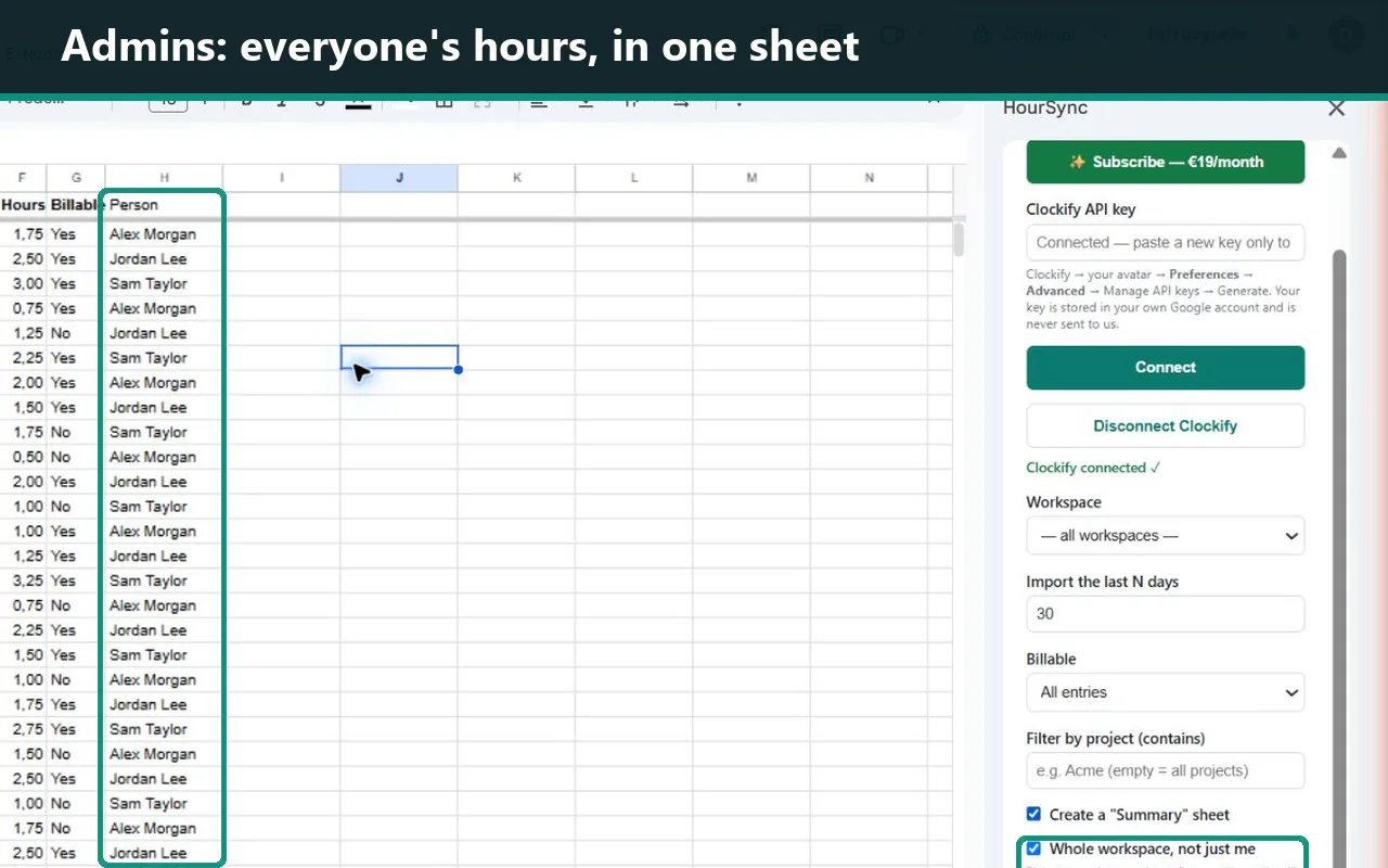 HourSync importing an entire Clockify workspace and adding each person's name to Google Sheets